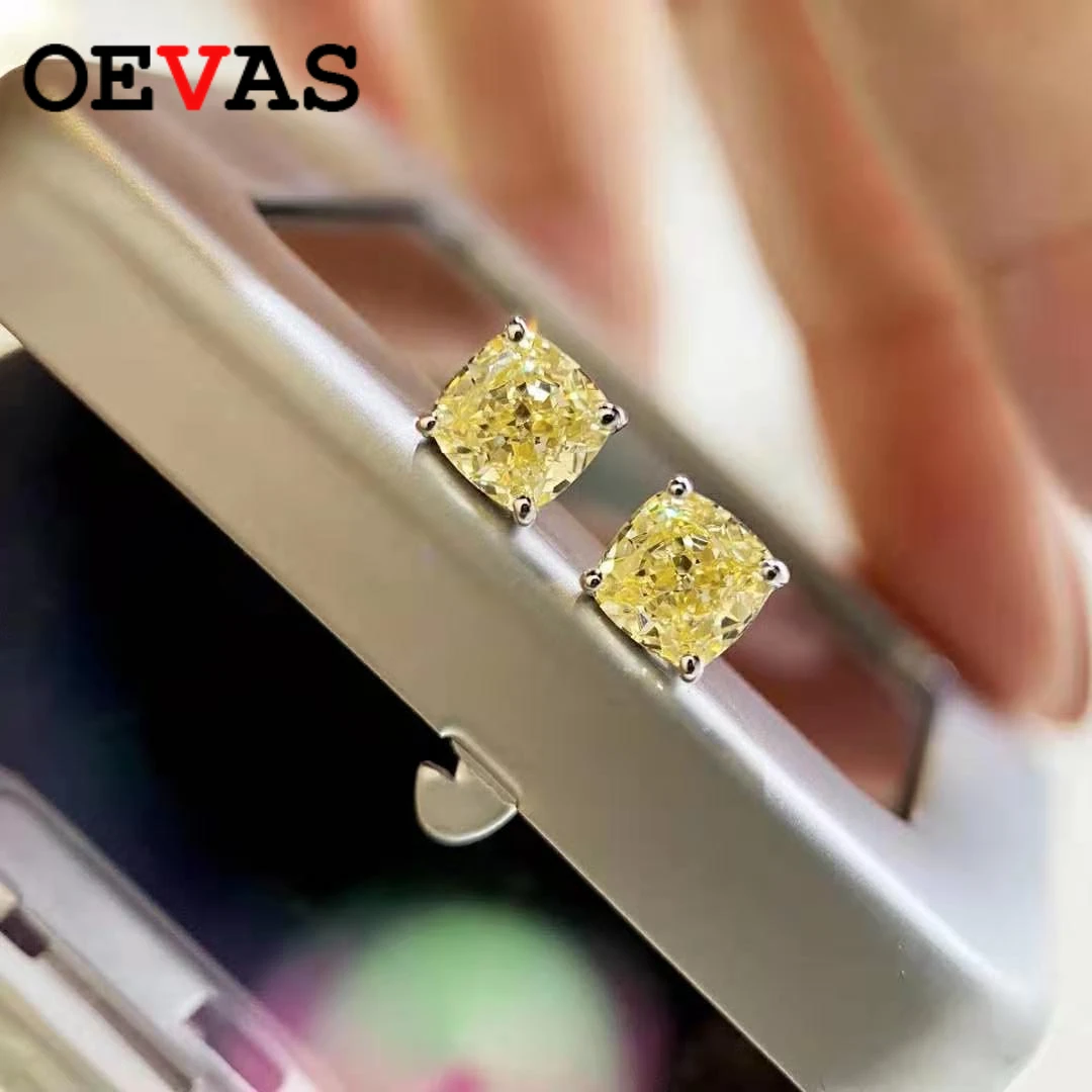 

OEVAS 100% 925 Sterling Silver 1CT Four-claw Fat Square High Carbon Stone Citrine Gemstone Earrings Stud Fine Jewelry Wholesale