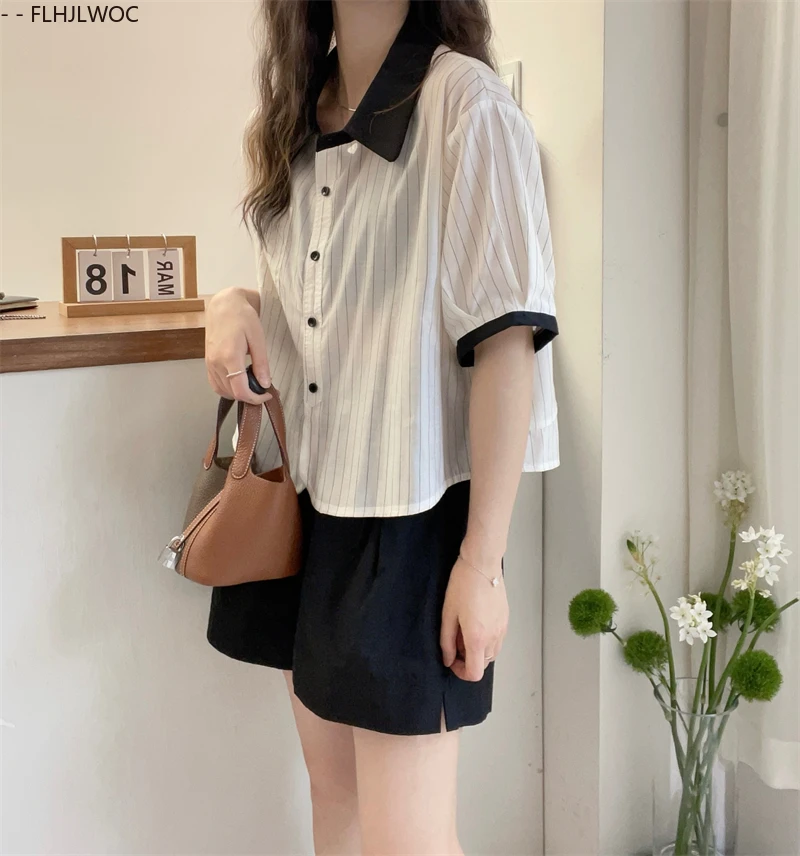 Милые розовые топы, блузки, милые японские повседневные свободные летние рубашки в полоску для девочек в консервативном стиле с короткими рукавами