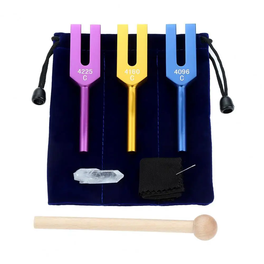 Durable Aluminum Tuning Fork 3pcs Aluminum Tuning Fork Set with Wooden Hammer Faux Carrying Bag 4096/4160/4225hz for Meditation