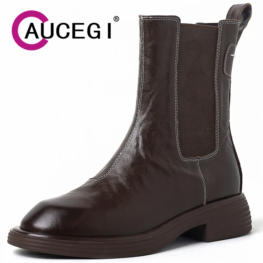 Aucegi Spring Autumn Real Leather Chelsea Ankle Boots Retro Women Round Toe British Style Slip On Daily Life Manual Made Shoes