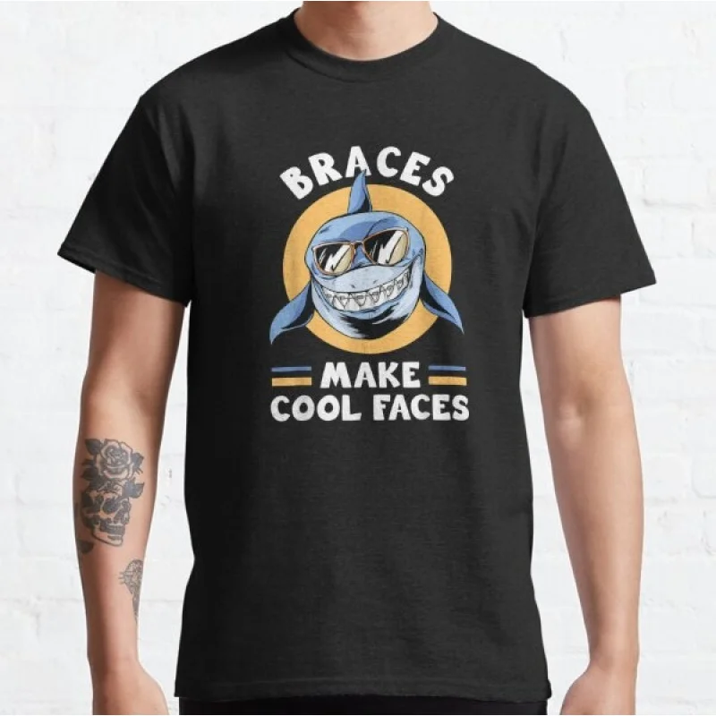 

Braces Make Cool Faces Gift for Shark Lover Short Sleeve t shirt Vintage Graphic Tee 100% cotton printed clothes All size Tops