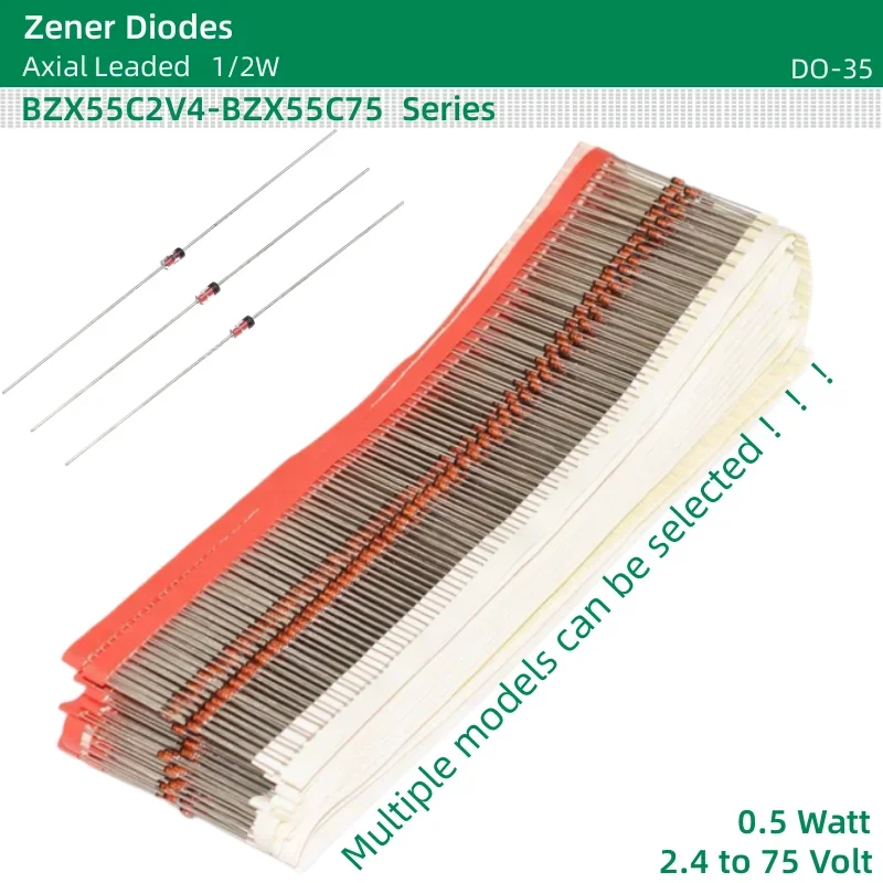 50 pçs/lote 1/2W Diodos Zener 0.5W BZX55C18/20V/22V/24V/27V/30V/33V/36V/39V/43V/47V/51V/56V/62V/68V/75V DO-35