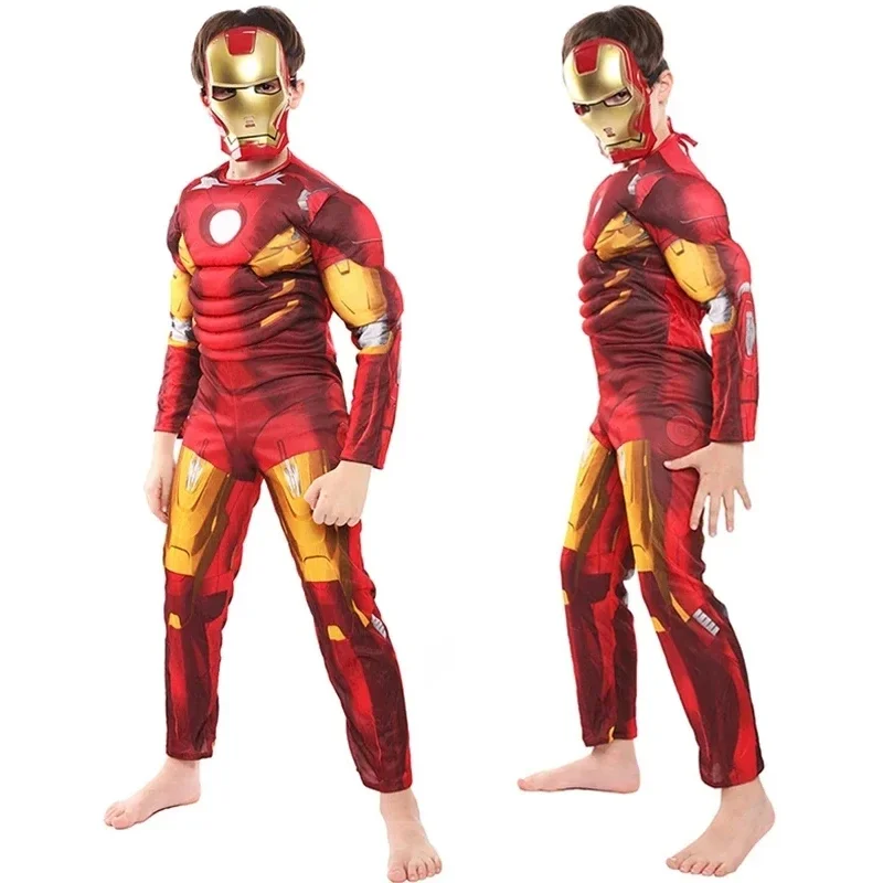 Kids Iron Man Muscle Costume Superhero Iron Man Cosplay Costume Jumpsuit Mask Gloves Halloween Birthday Bodysuit for Boy Gif * 8