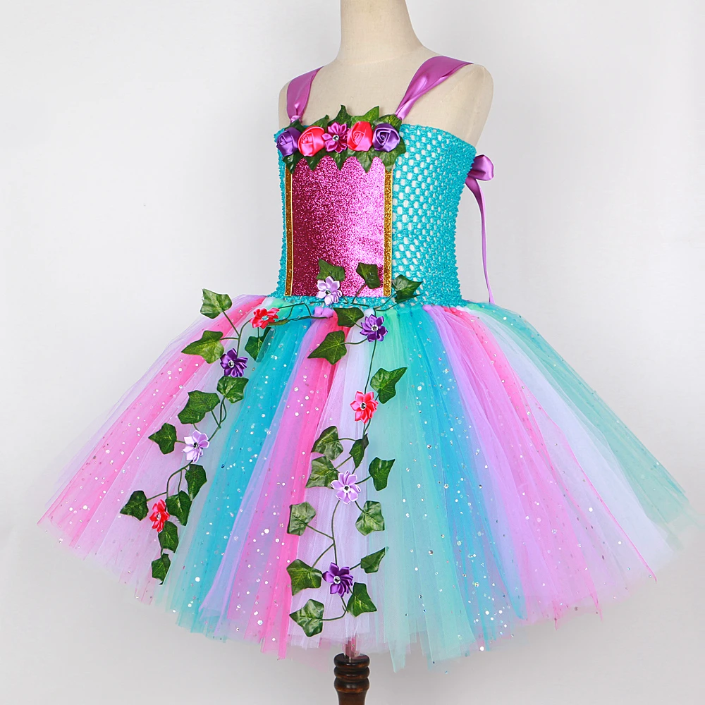 Sparkly Woodland Forest Fairy Costume for Girls Jungle Ivy Flower Fairies Princess Dresses with Wings Kids Halloween Tutu Outfit