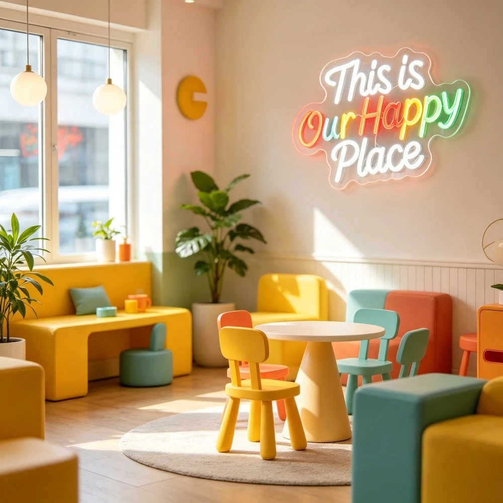 Happy Place Neon Sign LED Wall Art Lighting This Is Our Happy Place Decor for Bedroom Living Room Nursery Dorm Room Gift - view 4