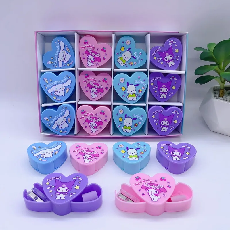 Imagem -02 - Sanrio Cartoon Storage Box para Estudantes Papelaria para Estudantes Single Hole Pencil Sharpener Kuromi my Melody Sharpener Borrachas 24 Pcs