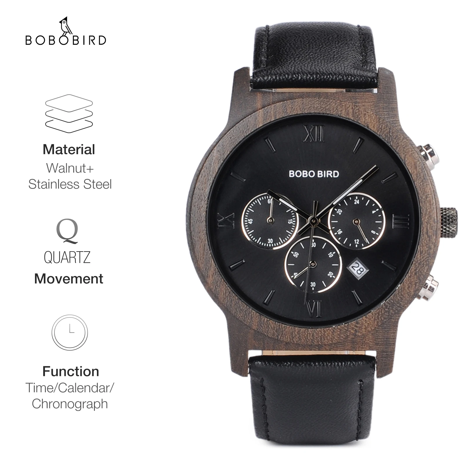 Деревянные мужские часы BOBO BIRD, индивидуальное имя, задняя крышка, текст, кварцевые наручные часы, светящиеся часы, кожаный ремешок, дропшиппинг
