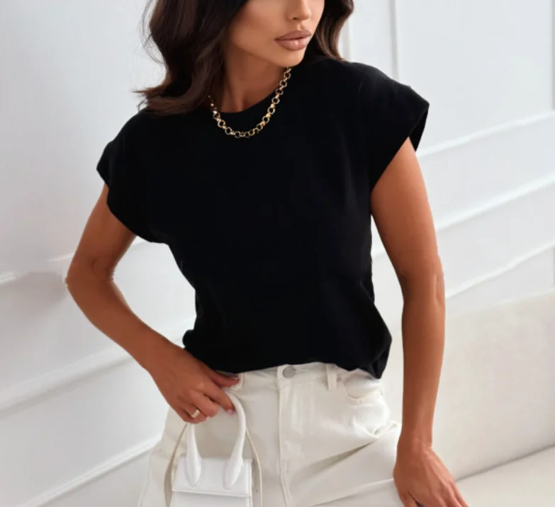 

Summer Simple and Fashionable Solid Color Round Neck Loose Women's Pullover T-Shirt Slim Fit Solid Color Casual T-Shirt Top