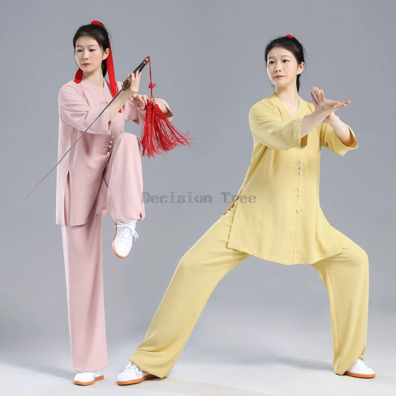 2024 new chinese  summer tai chi clothes martial arts performance suit tai chi mid-sleeve v-neck long pants 2piece training set