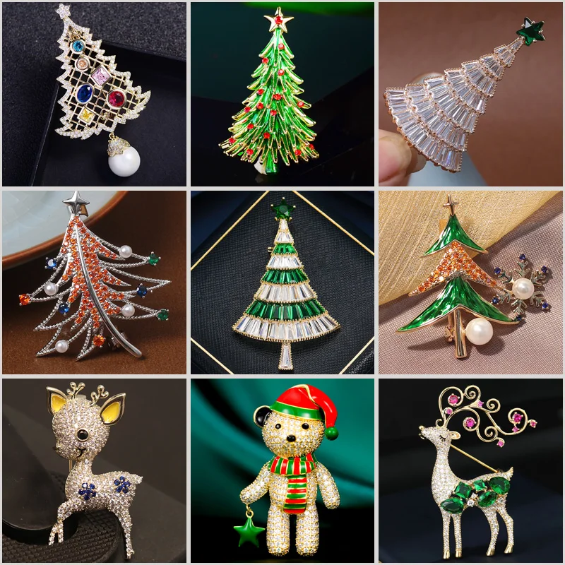 

Luxury Zircon Christmas Tree Snowflake Deer Brooches for Women Fashion Design Corsage Coat Suit Broche Pin New Year Party Gifts