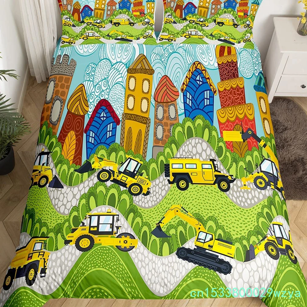 Kids Cartoon Car Duvet Cover Set City Building Street Road Bedding Set Microfiber Vehicle Truck Comforter Cover Twin Queen Size