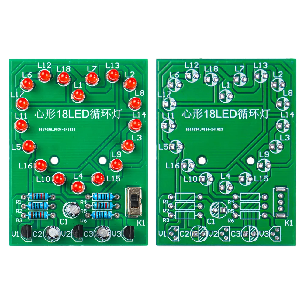 DIY Heart-Shaped LED Flowing Lights Electronic Kit 18 Red LED Light PCB Soldering Kit Circuit Board Module with Battery Box DC3V