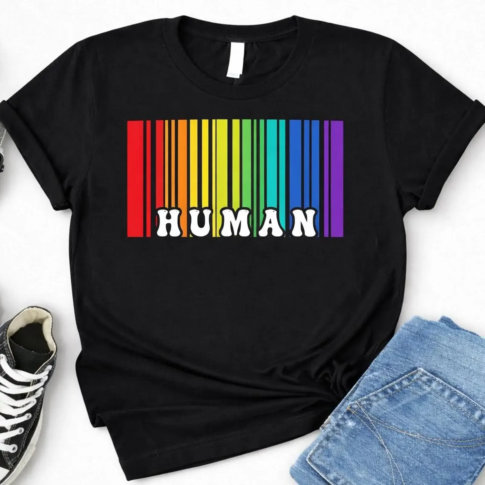 Human Pride T Shirt Rainbow Barcode LGBTQ Ally Support Apparel vintage Washed Unisex Soft Casual streetwear Comfortable fashion