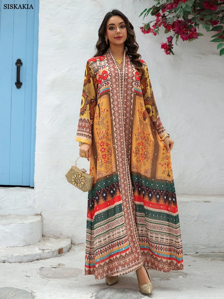 Siskakia luxo impressão mulher vestido de noite muçulmano abaya com strass roupas femininas marroquinas