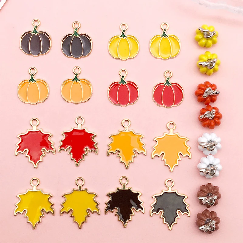 24PcsThanksgiving Pumpkin Maple Oil Enamel DIY Charms For Bag Earring Necklace Jewelry Making Handmade Pendant