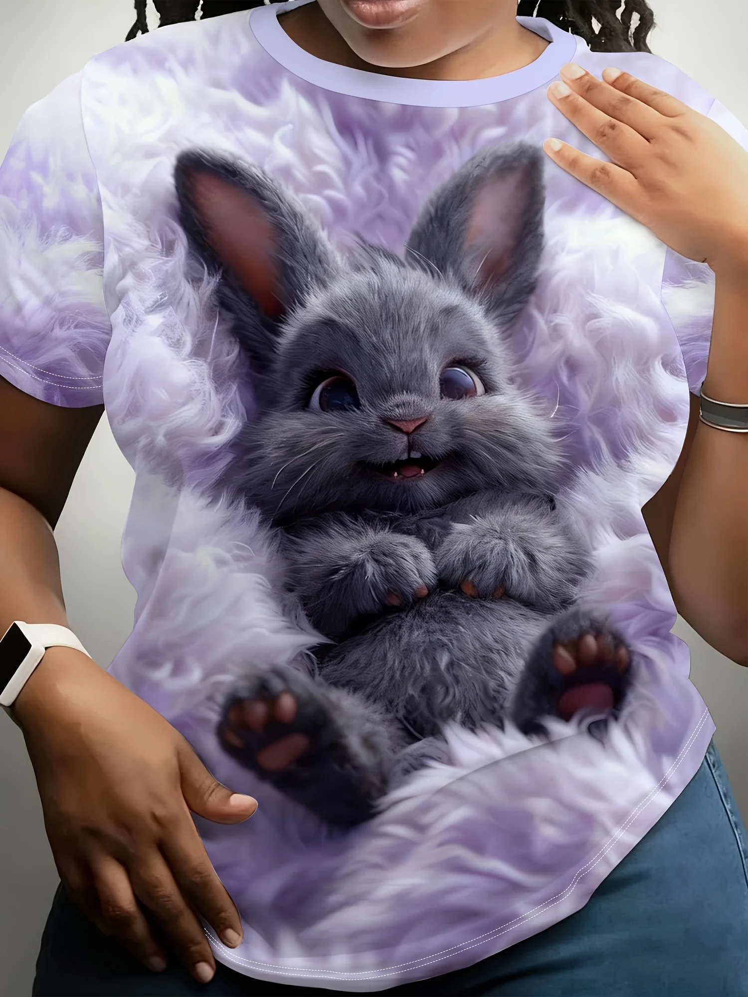 Women Crew Neck Short Sleeve T‑shirt Cute Grey Bunny 3D Effect Animal Print Purple Fluffy Background Summer Casual Top