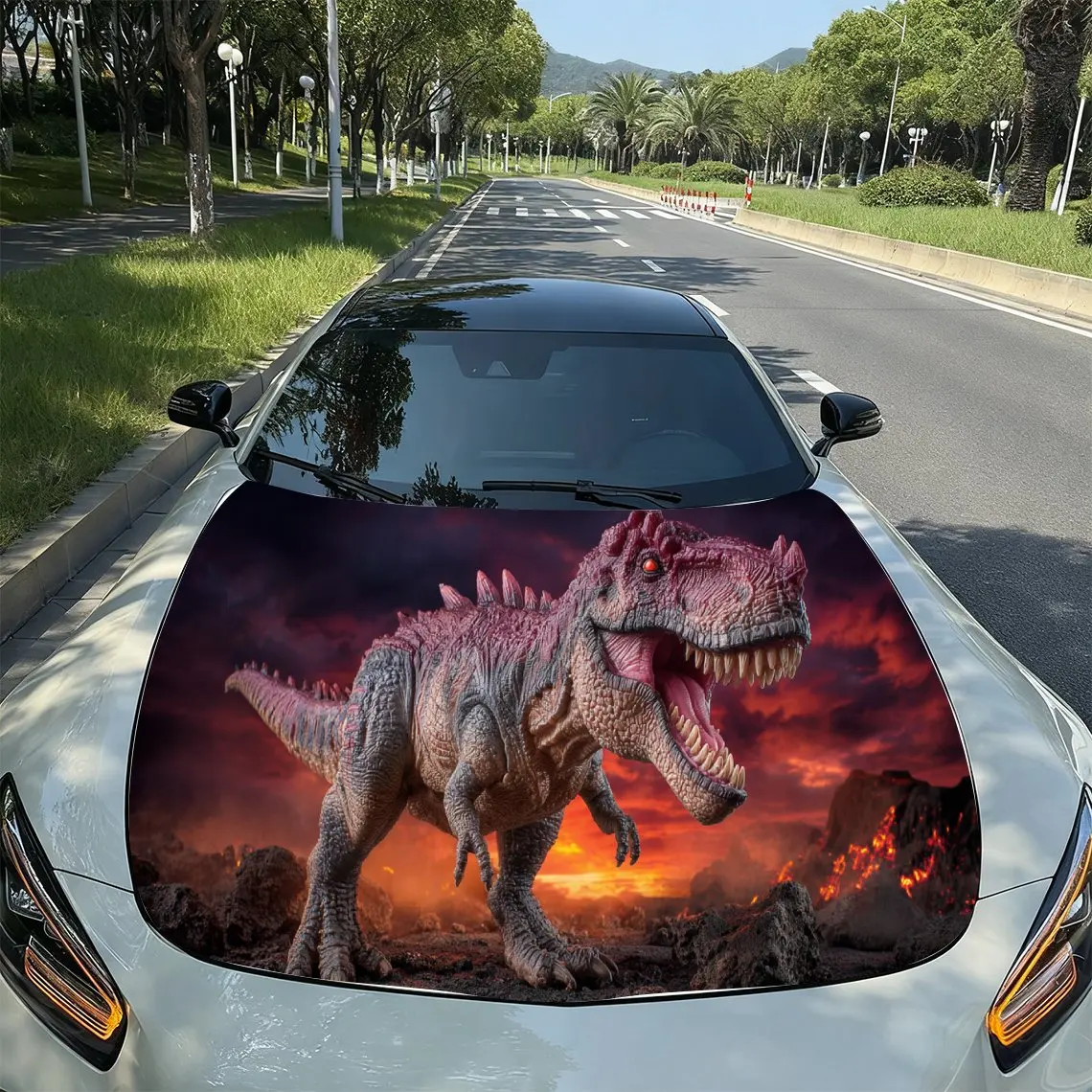 

Flame T-Rex Prehistoric Power PVC Car Hood Wraps, Self-Adhesive Waterproof Car Bonnet Decal Sticker, Car Decoration Protection S