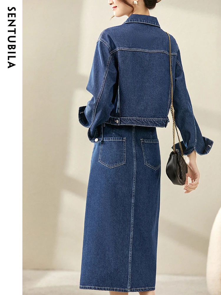 SENTUBILA Denim Two Piece Sets Women 2024 Spring Outfits Casual Fashion Crop Jacket Midi Split Skirt Matching Sets W31Z48578X