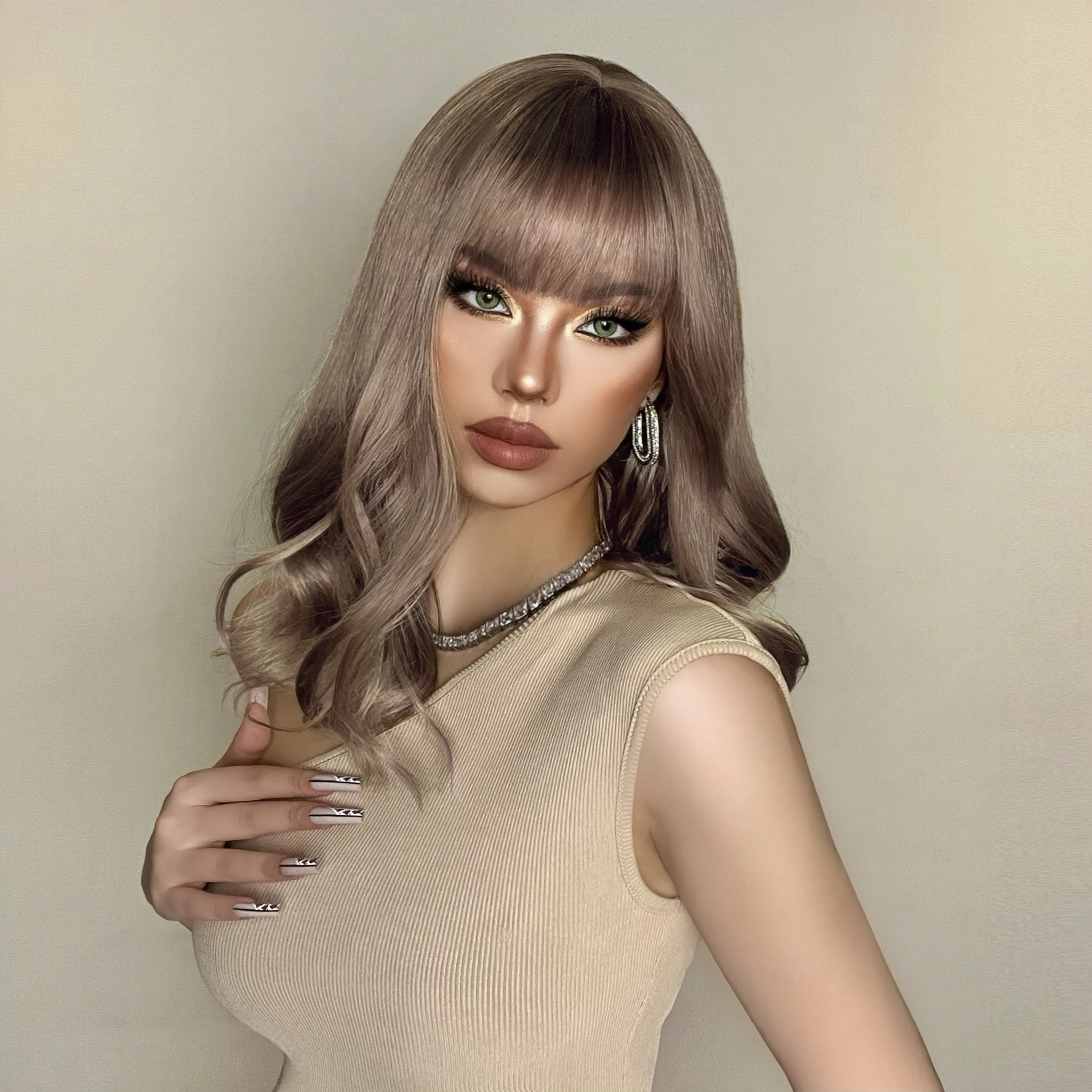 ALAN EATON Long Wave Ombre Brown Blonde Wigs with Bangs High Temperature Fiber Synthetic Wigs for Black Women Afro Cosplay Wigs