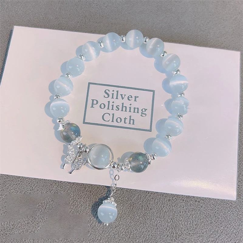 Korean Fashion Imitation Opal Bracelet Simple Ins Moonstone Crystal Bead Butterfly Pendant Bracelet Jewelry Gifts