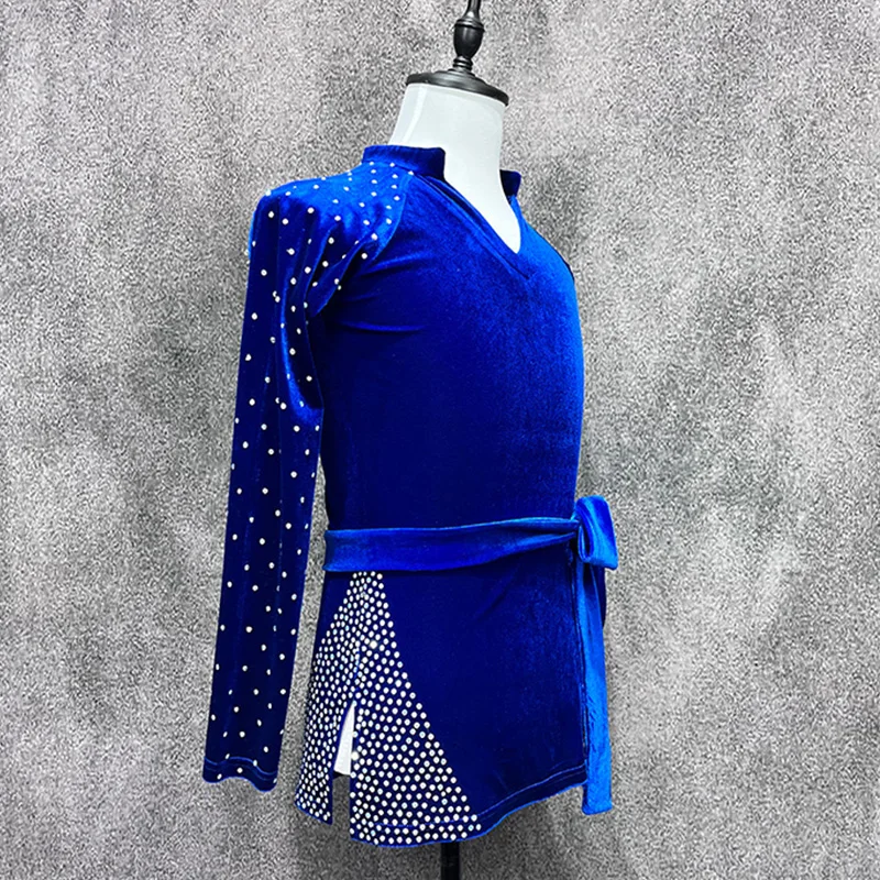Silde Slit Rhinestone Latin Dance Tops Boys Long Sleeves Royal Blue Competition Shirt Cha Cha Performance Dance Costume DNV21840
