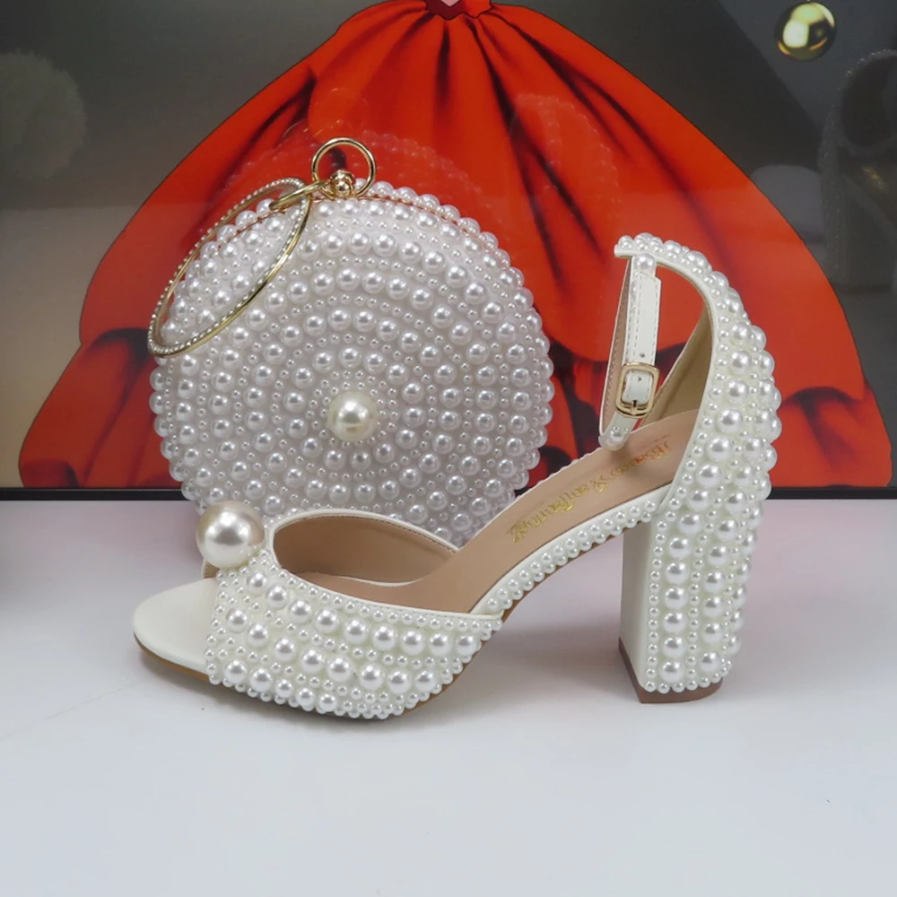 Fashion White Beads Pearl women wedding shoes Bride High heels shoes ladies super big size party dress shoes woman Fish toe view 4