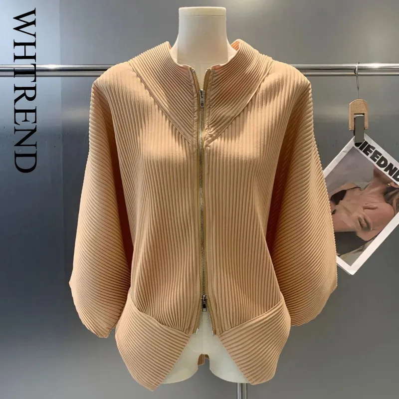 

WHTREND новая плиссированная куртка для женщин на молнии в стиле «летучая мышь» нерегулярные пальто женская шикарная верхняя одежда весна осень WH2053