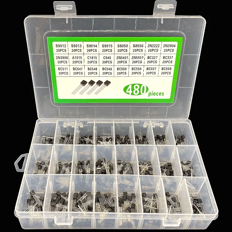 24Values*20PCS=480pcs Kit BC327/337/517/547/548/549 2N2222/3906/3904/5551/5401 C945 A1015 TO-92 Transistor Assortment Assorted