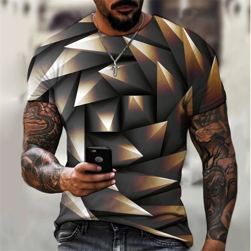 New 2024 hot Popular 3D digital printed wave grid pattern outdoor fitness sports men\'s short sleeve T-shirt plus size XXS-6XL