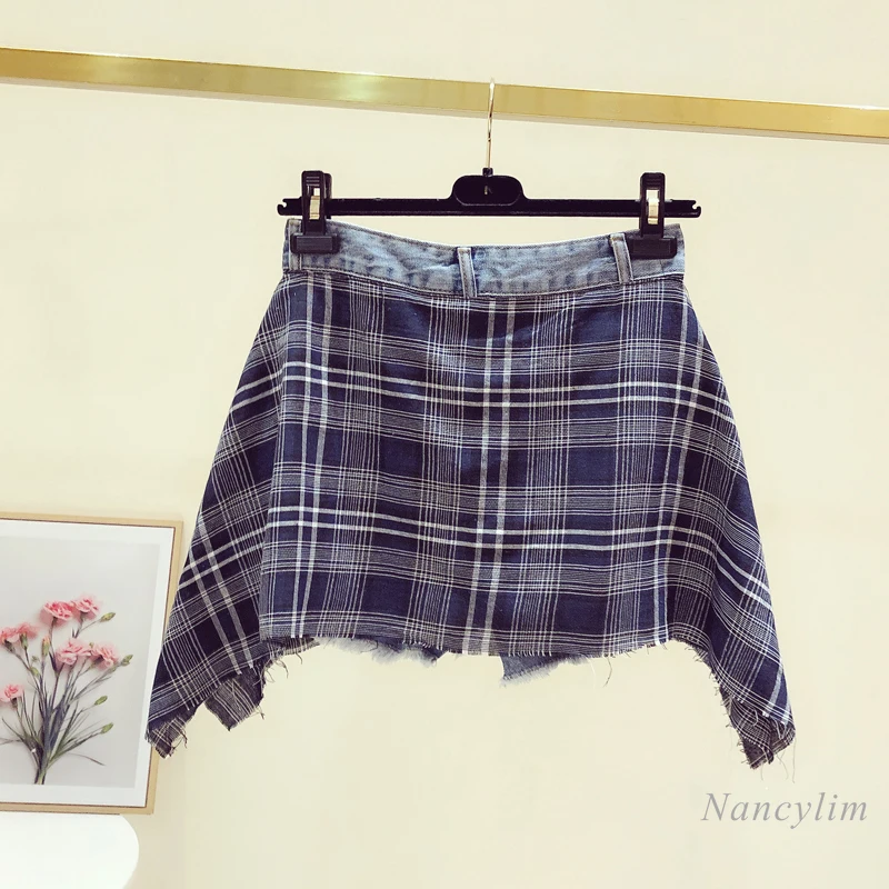 Summer New Personalized Fake Two-Piece Plaid Stitching Denim Shorts Women's High Waist Wide Leg Hot Pants Girls Students