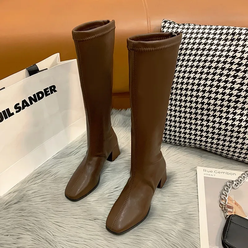 Women Low Heeled Boots Autumn and Winter Fashion Thick Heel Knee High Plush Warm and Versatile Off Knight Boots for Women