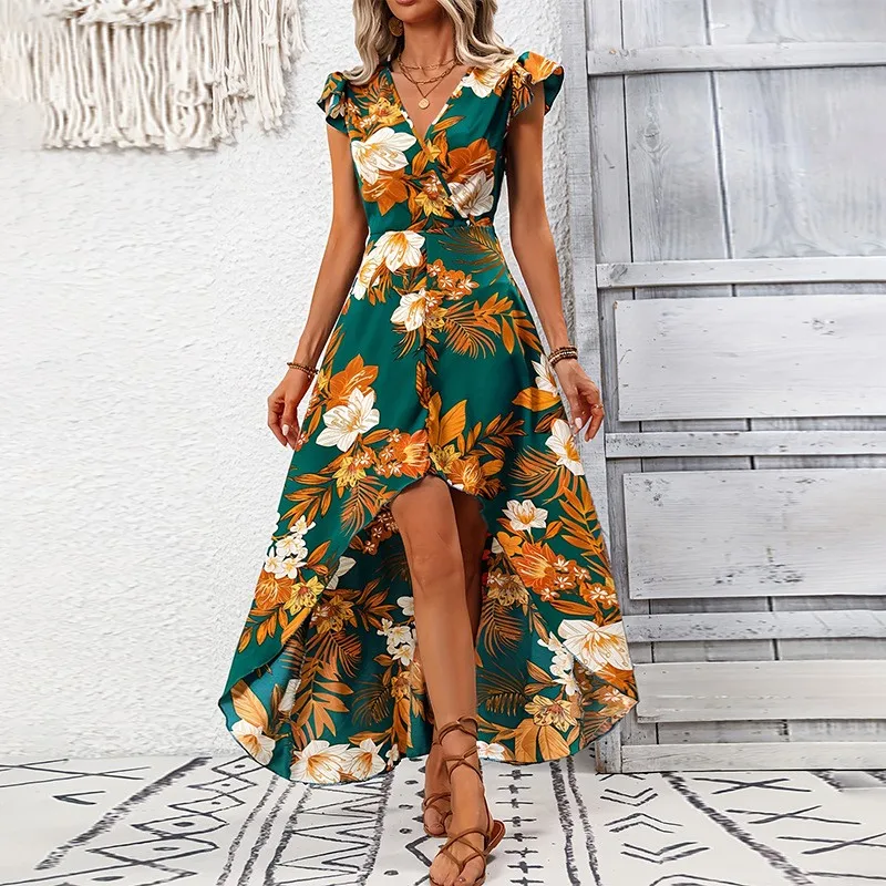 

Vacation Style Floral Split Midi Dress Women Summer New Fashion Vintage Slim Irregular Hem Printed Dresses Beach Party Vestidos