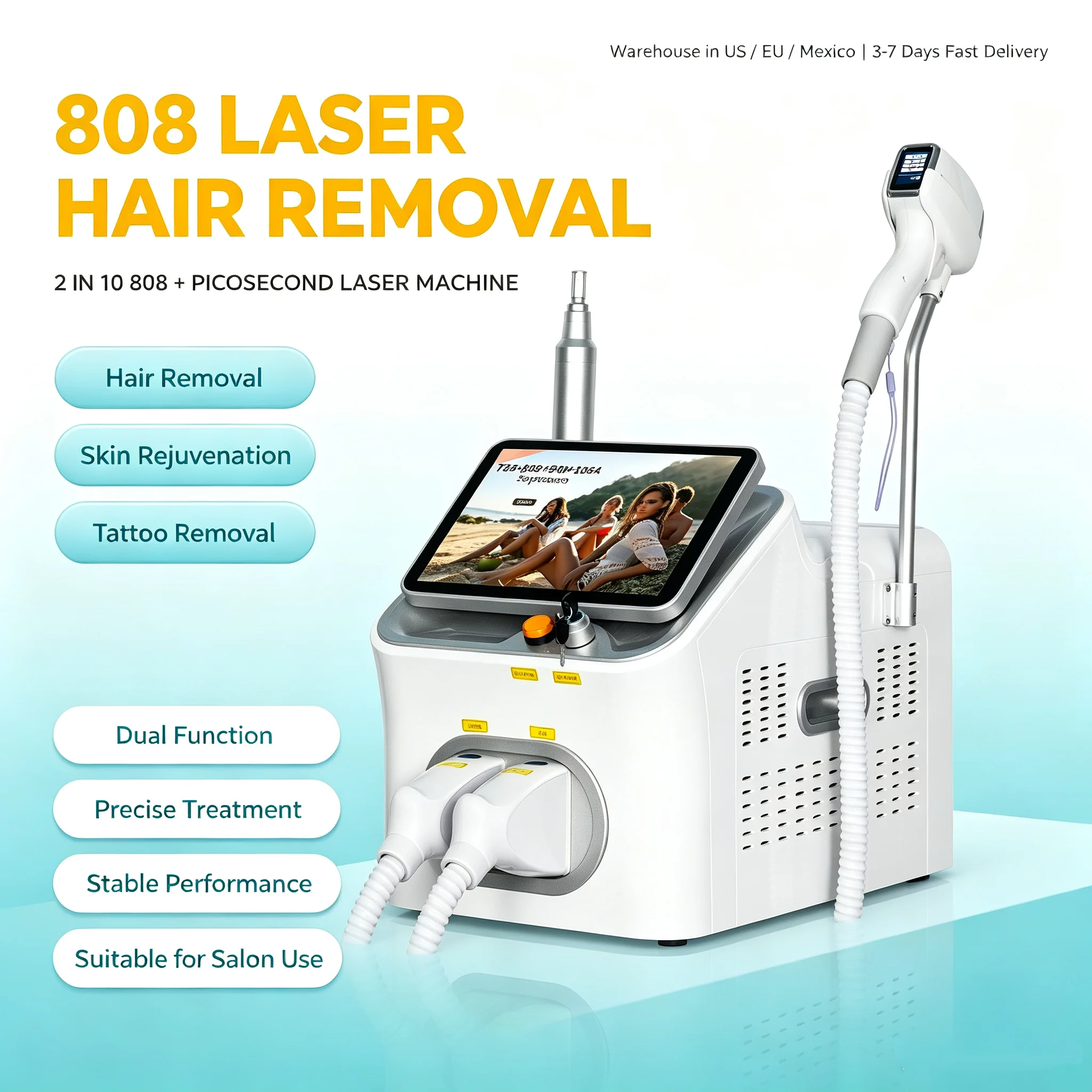 2IN1 Lase Picosecond Machine Ice Painless Hair NEW  FAC 10 Bars 2IN1 Diode Removal Tattoo Pigment Scar Removal 4 Waves 808NM