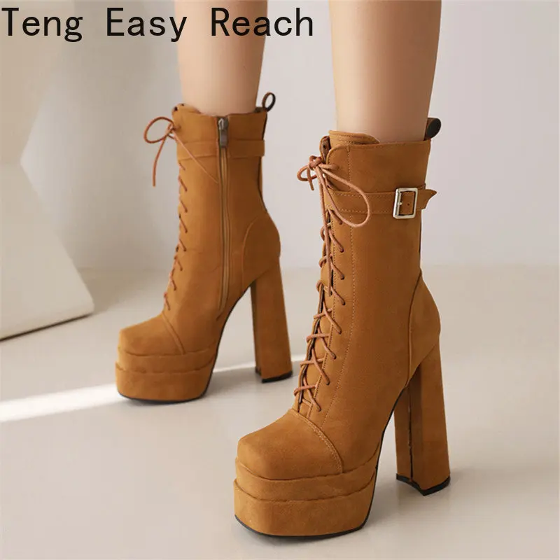 

2023 New Women Ankle Boots Fashion Thick Soled Chunky Square Heel Square Toe cross tie Short Booties High Heel Chelsea Boots