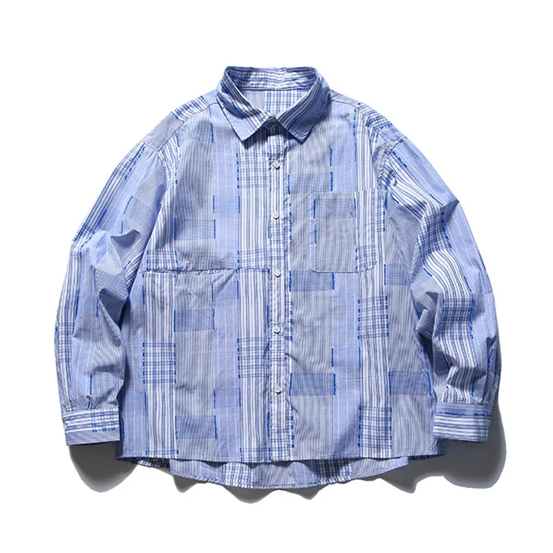 2024 New Cityboy Splice Plaid Shirts Men Japan Korean Streetwear Fashion Oversize Loose Casual Long Sleeve Shirts Blouses