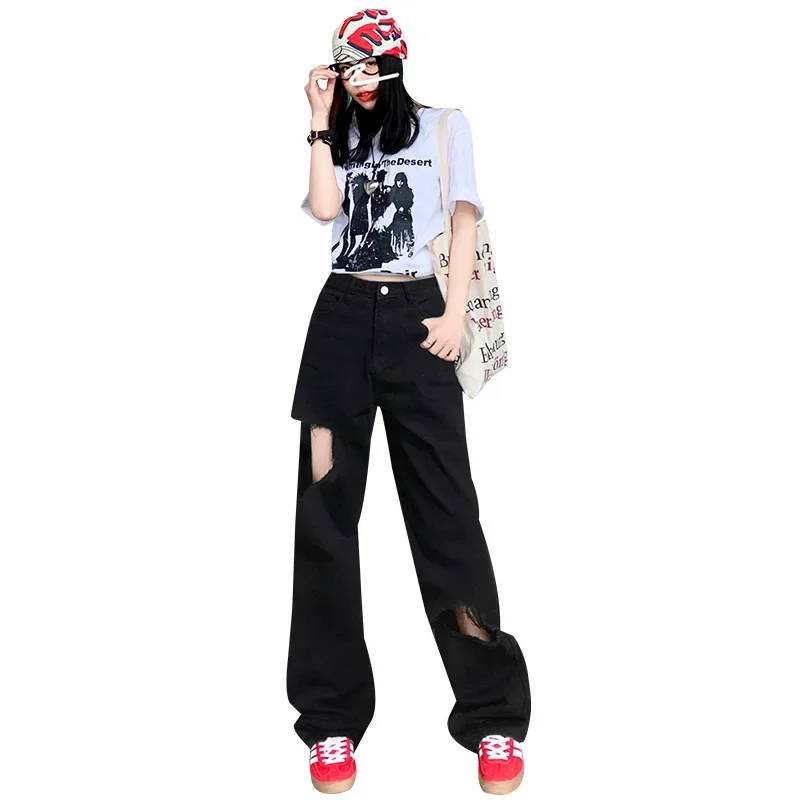 Fashion Ripped Wide Leg Pants Women's Summer Thin High Waisted Loose Drape Slimming Street Tall Straight Leg Mop Pants