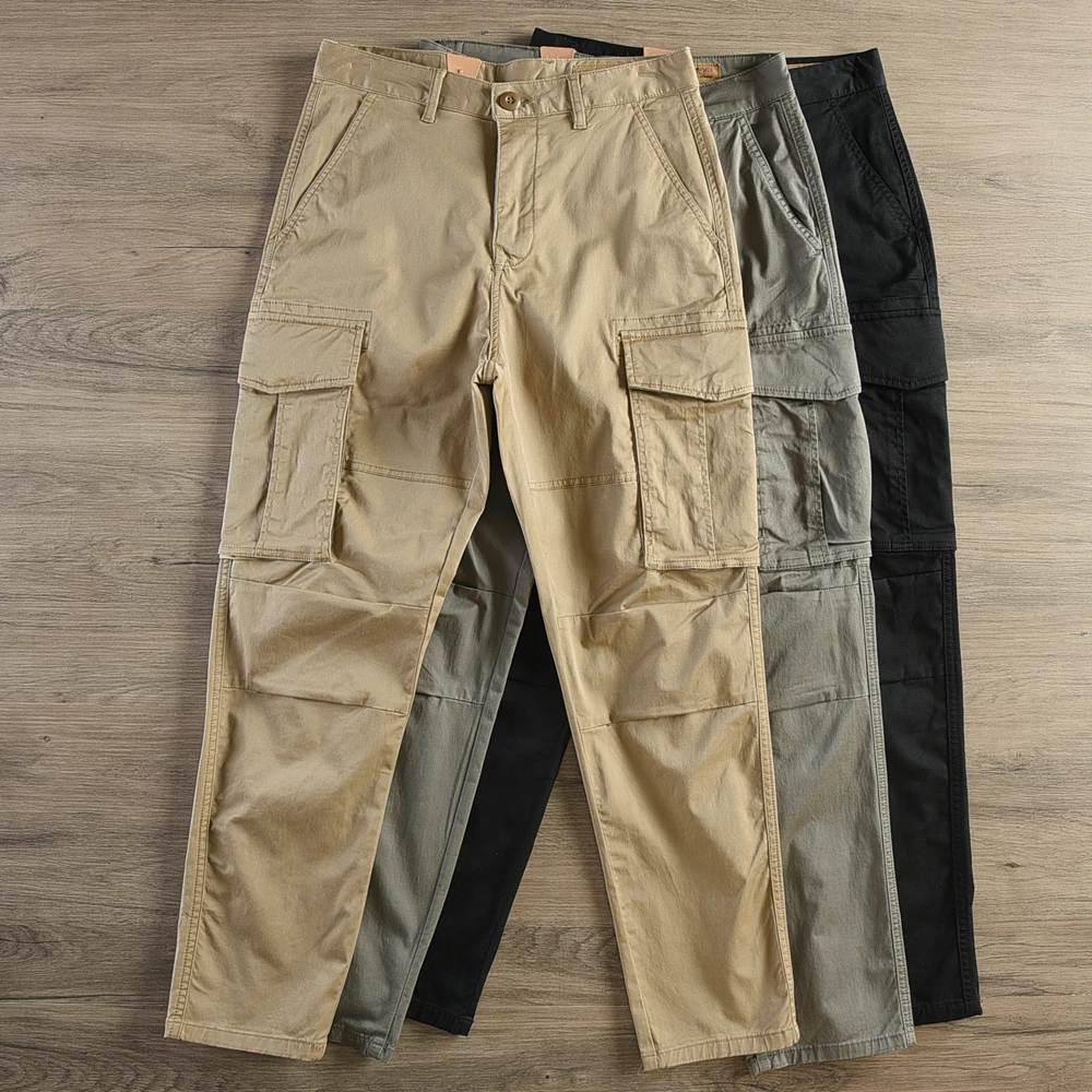 メンズレトロカーゴパンツ,マルチポケット,アウトドア,シンプル,コットン97%,ウォッシュド,ストレート,ルーズ,カジュアル,秋,新品