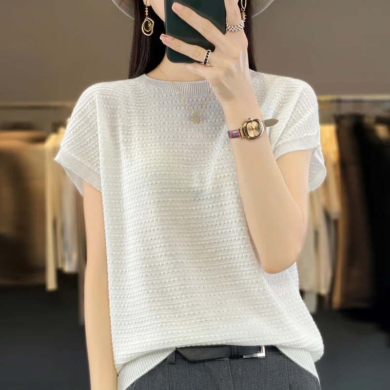 

Women's Round Neck Bat Sleeve T-Shirt Summer Loose Solid Color Fashionable Basic Style Imitation Wool Knitted Short Sleeved Top