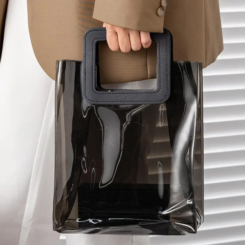 1Pc Black Gift Packaging Bag with Handle Fashionable Personality All-Match PVC Plastic Handbag