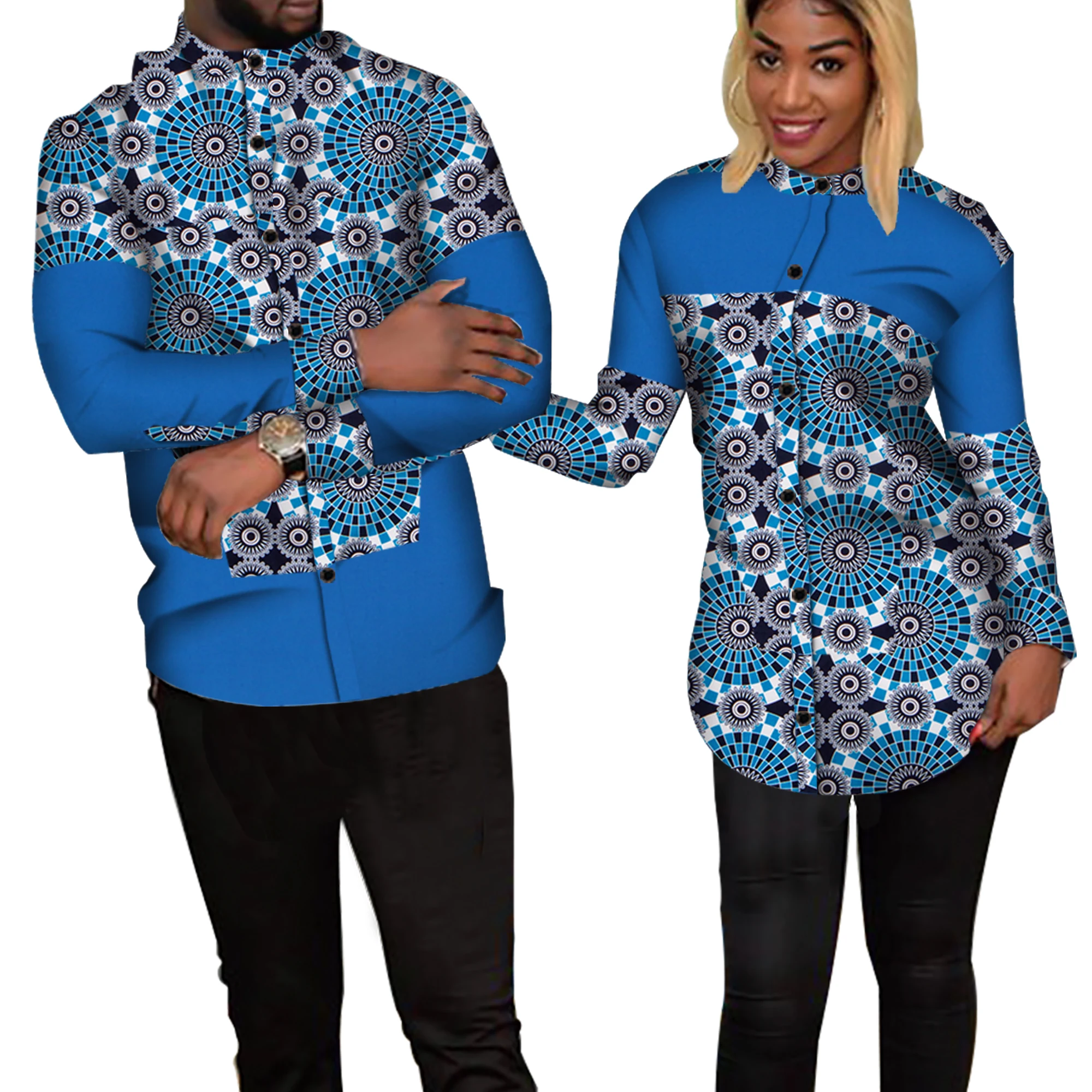 Vêtements traditionnels africains pour couples, chemise à imprimé patchwork, bazin riche, vêtements pour amoureux, femmes et hommes, WYQ235