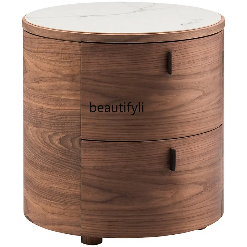 

Italian Minimalist Bedside Table Walnut Solid Wood Advanced Modern Imported Stone Plate round Bedroom Bedside Cabinet