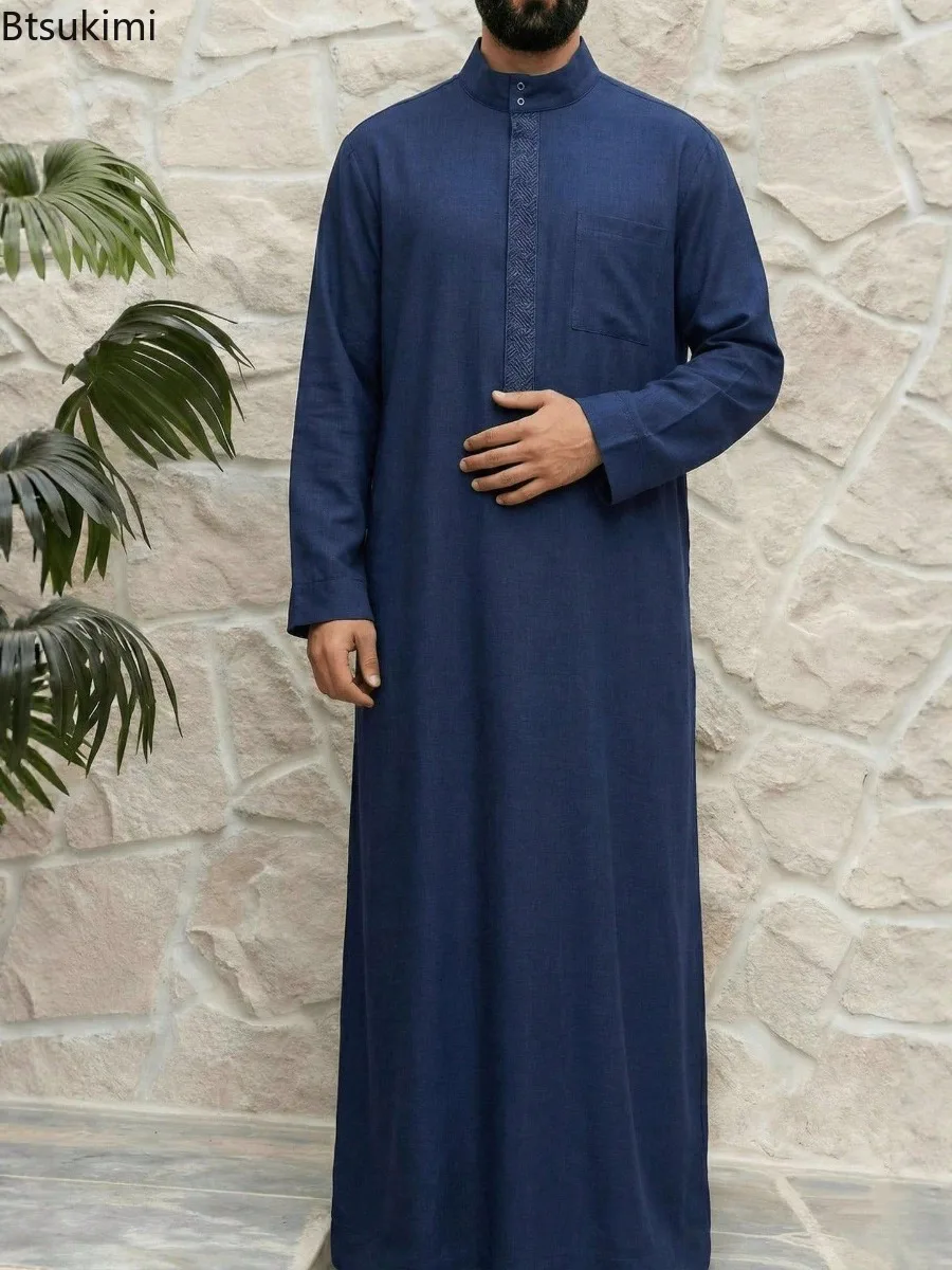 

Мужская мусульманская одежда 2026: однотонный кафтан-джубба с воротником-стойкой, пакистанский стиль, простой и скромный, исламская одежда для мужчин