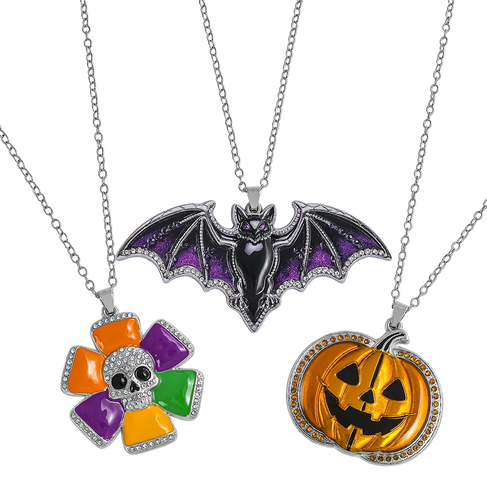 Bat Skull Neutral Fashion Necklace Halloween Pumpkin Head Pendant Long Chain Unisex Party Accessory Gift