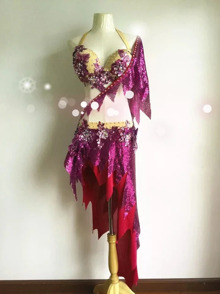 New belly dance clothes Performance clothing purple crystal bra top and short skirt 2pcs girls dance suit lady latin dance suit