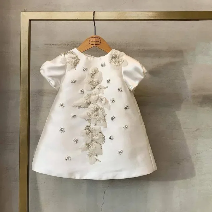 Flower Girl White Dress bambini compleanno battesimo abiti per bambini eleganti abiti con fiocco in pizzo ragazze Boutique Party Wear Gown