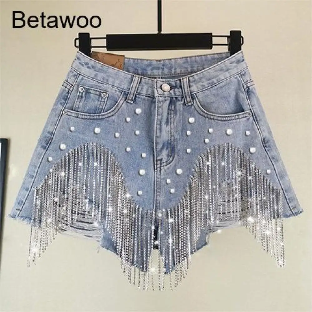 Women's High Waisted Rhinestone Fringe Pearl Embellished Denim Shorts Sexy Party Jean Shorts