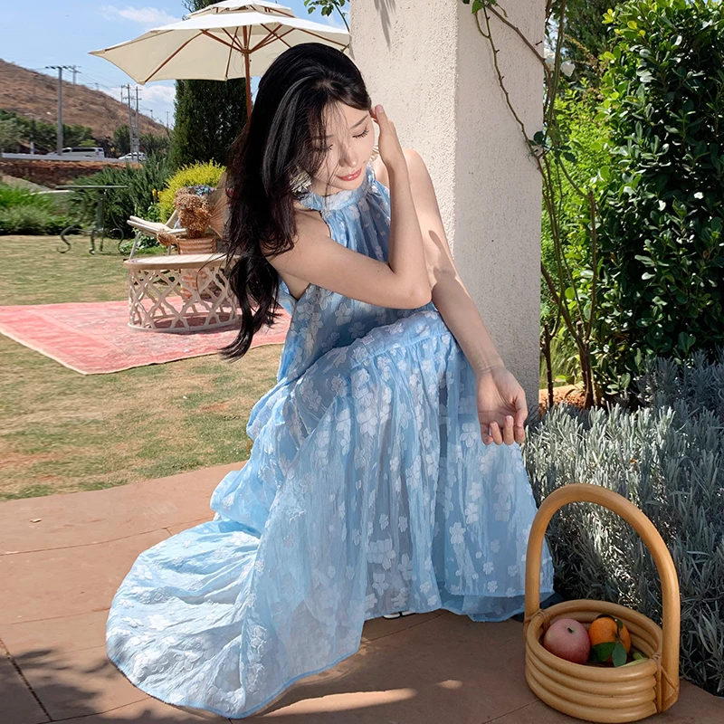 Ele Blue Floral Ricamo Off-oulder Svel Long Dr per le donne Summer Vaion Beach Holiday Gonna gonfia