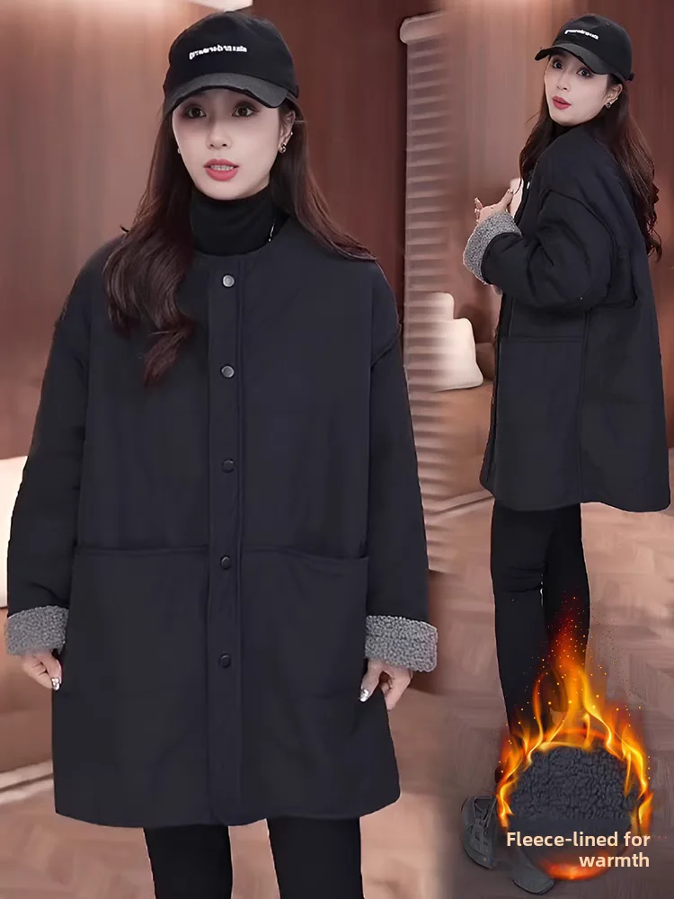 

Women's Fce Lined Cotton Jaet round Ne mid Length Warmth Winter Outerwear Thiened Long Sve Casual Coat
