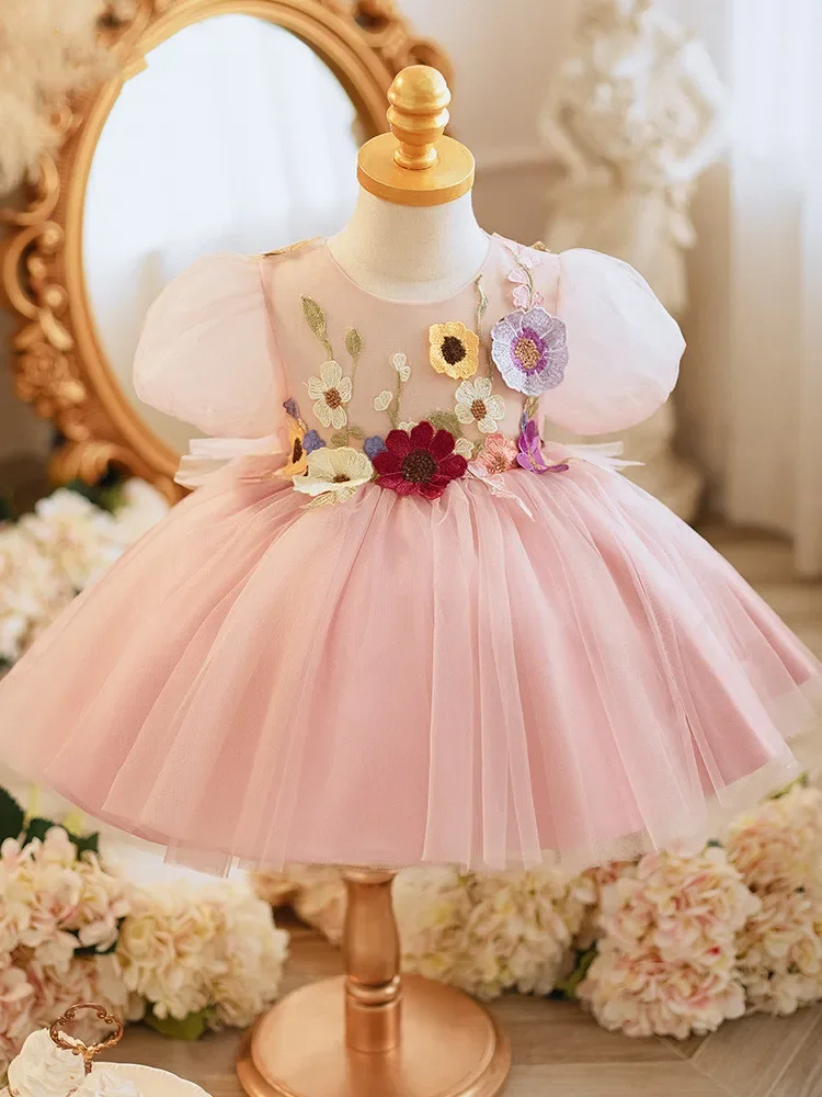 

Children Formal Dresses Kids Girl Flower Appliques Ball Gowns Toddler Big Bow 1st Birthday Dress Baby Girls Ceremony Frocks