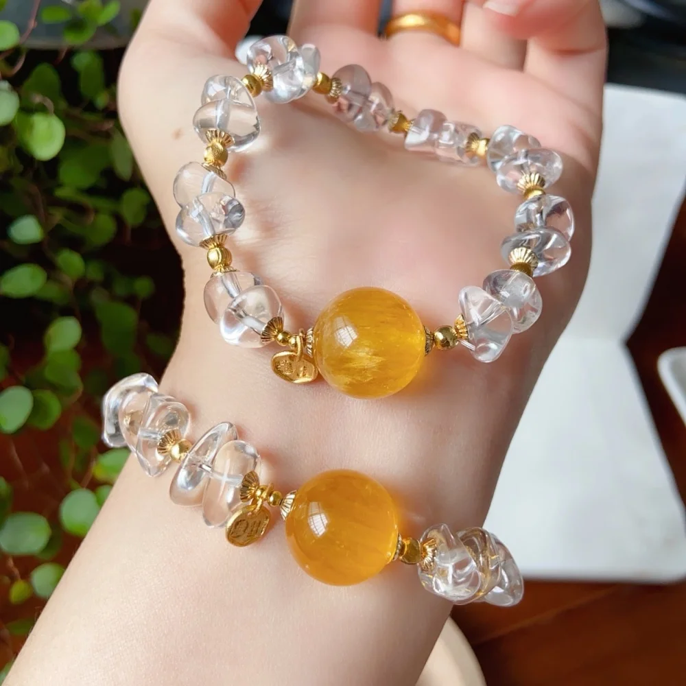 

10-16MM Natural Clear Quartz Yellow Fluorite Bead Bracelet Healing Crystal Charm Bracelets for Women Energy Jewelry Gift 1PCS